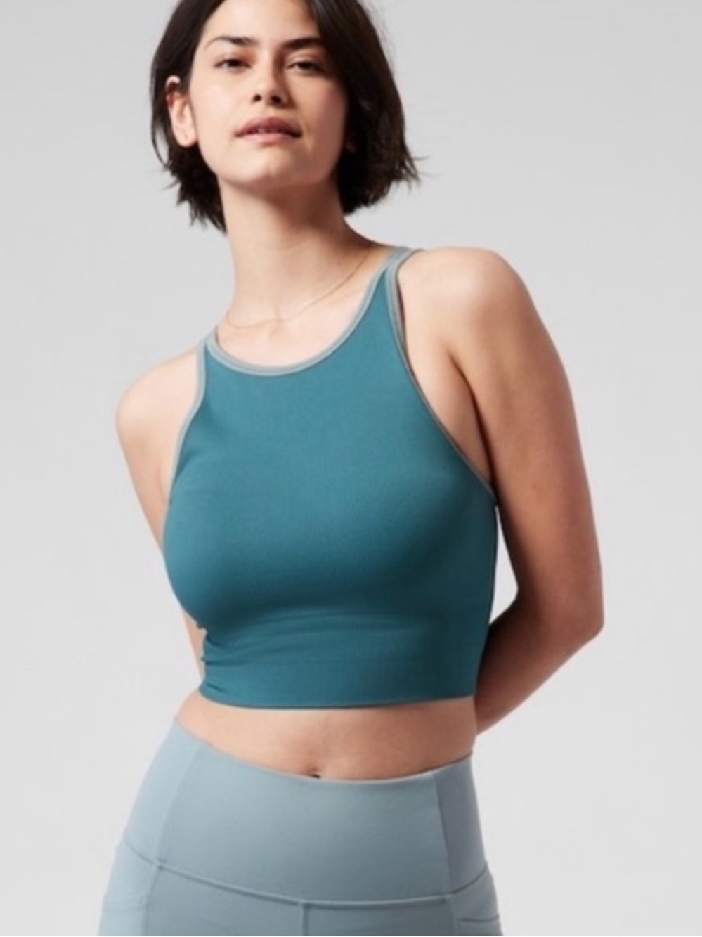 Athleta Aurora Seamless High Neck Crop Tank Teal XXS Ribbed Workout Top